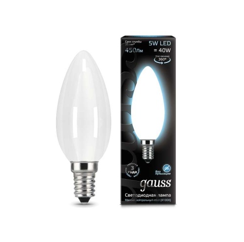 Лампа светодиодная филаментная Black Filament 5Вт свеча 4100К E14 опал | Код. 103201205 | Gauss